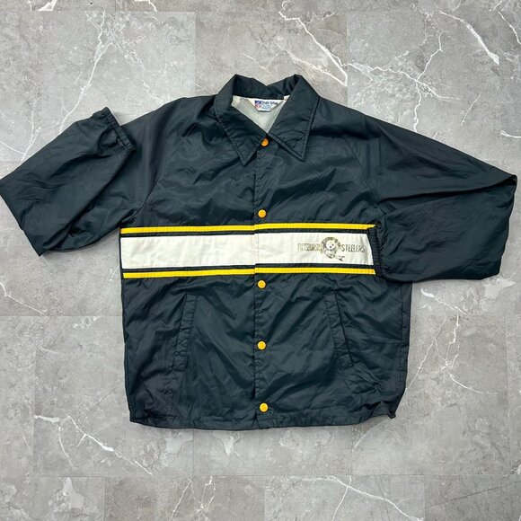 80S VINTAGE PITTSBURGH STEELERS JACKET MENS MEDIUM LINED WINDBREAKER COAT - Picture 1 of 10